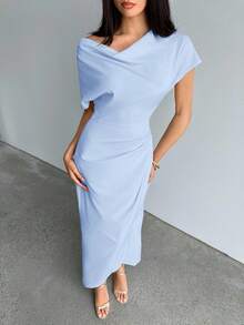 Aloruh Women's Long Wrap Dress With Ruched Collar Design, Suitable For Commute, Daily Wear, Spring/Summer - Blue - View 6