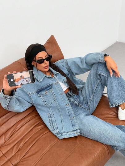 EURMUSE Front Button Long Sleeve Pocket Denim Jacket Denim Outfit Women Jean Outfit Set 2 Piece Denim Sets Woman Jean Outfits Sets For Women Denim Jacket And Jeans Set Women