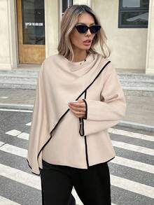 Serisse 女士休闲落肩羊毛大衣，带围巾领，保暖，适合秋季、冬季、新年、派对、婚礼、毕业典礼等场合，优雅休闲，领口设计大衣 - 杏色 - 查看 6