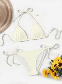 SHEIN Swim 2件組 女款夏季海灘純色掛脖式性感比基尼泳衣套裝 - 米色 - 查看 3