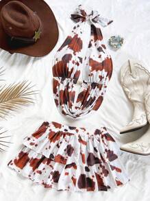 Soleia 2 件女士镂空 V 领露背短款上衣和迷你裙套装，纹理针织春夏假期，约会，下午茶，度假，音乐节，波西米亚风格 - 棕色 - 查看 4