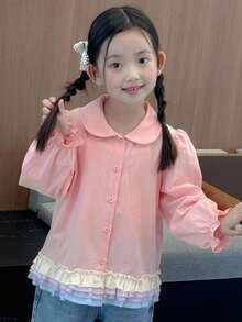 DAZY Young Girls' Casual Cute Frill Trim Button Front Blouse - Pink - View 5