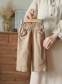 Vintaside Kids 女宝宝休闲时尚直筒裤，荷叶边装饰，田园可爱风格，适合日常穿着、校园、郊游、居家、度假、旅行 - 卡其色 - 查看 1