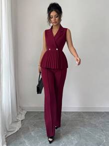 Elenzga 2件套女士优雅浪漫褶皱A字无袖西装套装