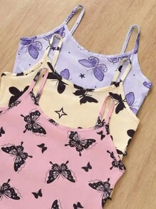 SHEIN Conjunto de pijama informal de 3 piezas con estampado de mariposas, pantalones cortos y tirantes