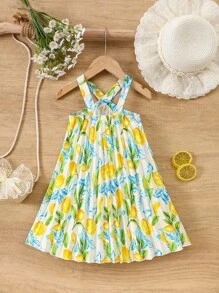 年轻女孩日常休闲热带花卉印花无袖连衣裙，春夏新品 - 黃色 - 查看 2