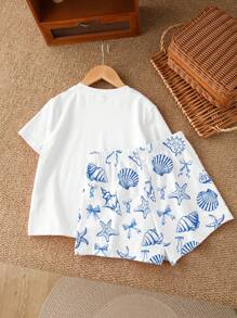 Emery Rose Kids Emery Rose Kids 2 件套可爱海洋生物、贝壳、蝴蝶结印花休闲短袖上衣和短裤套装，适合夏季、夏季度假、度假氛围、古代花卉、日落粉彩、清凉 - 彩色 - 查看 3