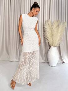 Lavishia 女式无袖长款蕾丝连衣裙，适合婚礼场合，春夏季 - 白色 - 查看 3