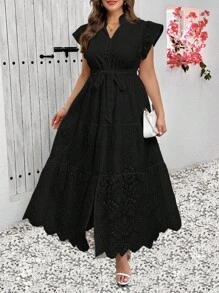 SHEIN Clasi Váy thêu rỗng màu trơn cỡ lớn thường ngày - màu đen - Xem 6