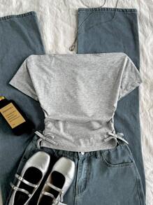 SHEIN 青少年女孩休闲街头风格露肩短袖侧褶纽约口号印花修身针织 T 恤，麻灰色 - 灰色 - 查看 2