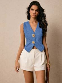 Poéselle Áo cánh denim cổ chữ V dây rộng màu xanh lam có khóa kim loại trang trí cho nữ - Rửa nhẹ - Xem 6