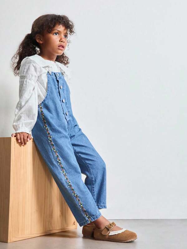 THE HAPPY LOOK Young Girls' Embroidered Denim Washed Bodysuits & Jumpsuits, Autumn Fall Winter