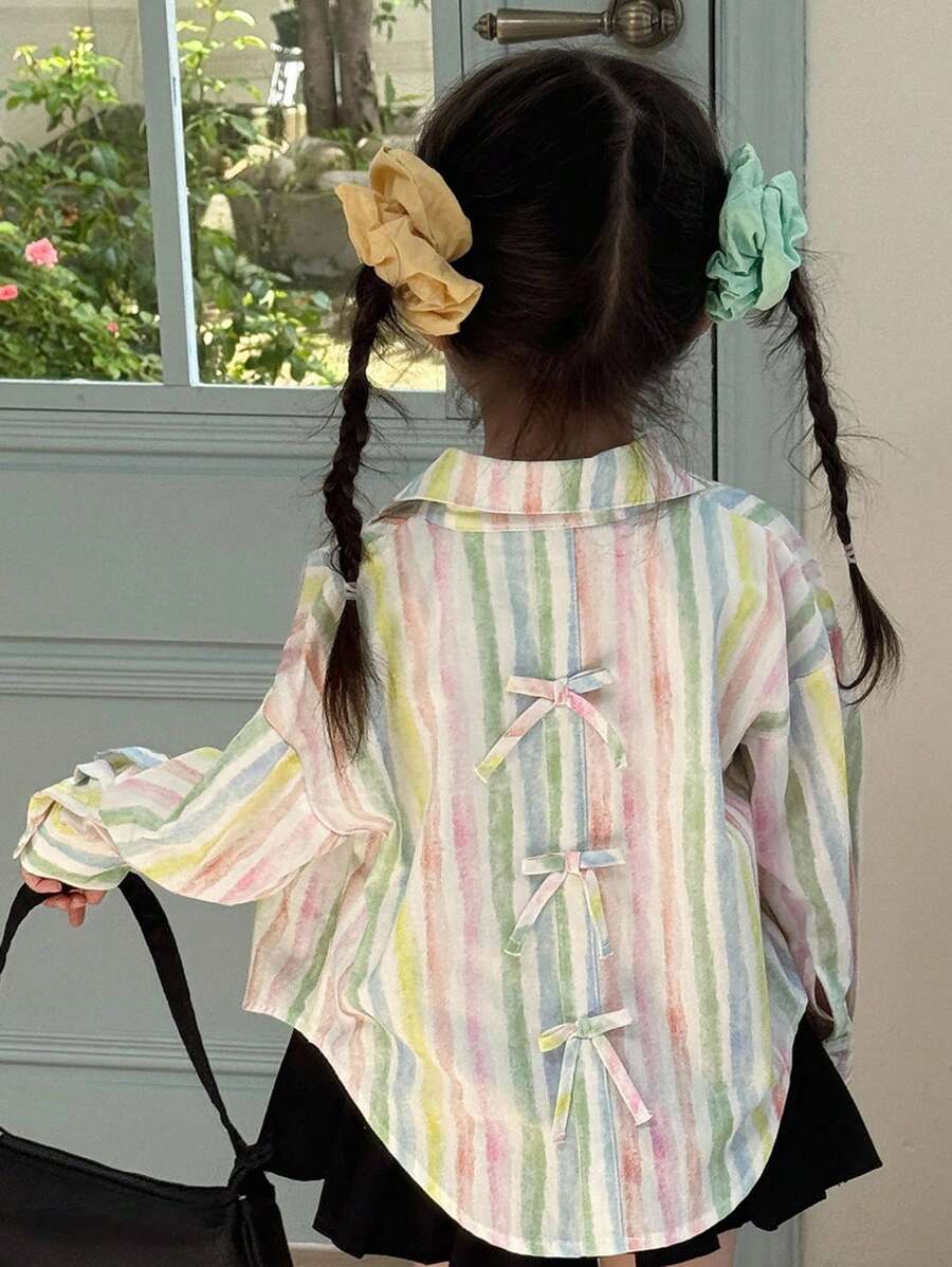 Dazy Kids 小女孩彩色蝴蝶结长袖衬衫 - 彩色 - 查看 1