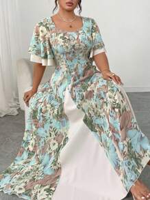 Modelyn Váy chữ A hai lớp tay lửng họa tiết tie-dye màu xanh lam cỡ lớn cổ vuông chắp vá màu mơ - Nhiều màu - Xem 7