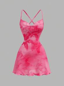 SHEIN SXY Casual Floral Pattern Draped Neck Women's Camisole Mini Dress, Suitable For Summer Vacation And Beach Suitable For Going Out Chic Dress