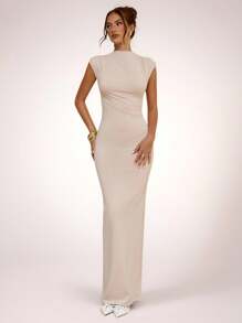 SHEIN BAE Apricot Asymmetric Ruched Bodycon Dress, Elegant Basic Minimalist Long Dress, Spring/Summer,Fall Wedding Guest Dress