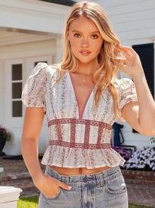 WESTFADE Floral Stripe V Neck Short Puff Sleeve Ruffle Hem Top Summer Beach Vacation Top For Women - Baby Pink - View 6