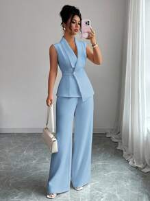 Elenzga 女士优雅办公室通勤下午茶派对套装，有领不对称下摆无袖西装外套，带金属腰扣装饰，搭配弹力腰裤，两件套西装，春夏 - 藍色 - 查看 2