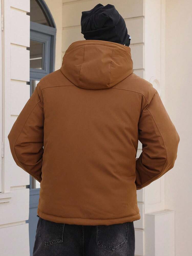 Men's Thick Padded Coat With Letter & Pattern Print, Hooded Design, Large Pockets, Winter Jacket