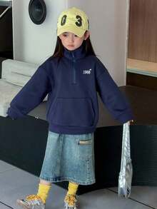 DAZY 女童针织抓绒印花卫衣，秋冬季 - 藏蓝色 - 查看 2