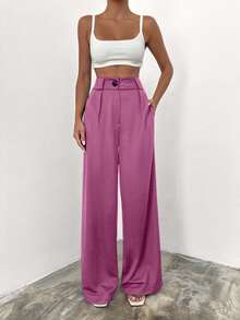 EURMUSE Quần ống rộng cạp cao chất liệu cotton trơn - Màu hồng gỉ - Xem 5