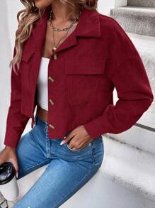 EMERY ROSE 简约休闲纯色前开襟纽扣翻盖口袋夹克，适合大学校园秋冬季女装