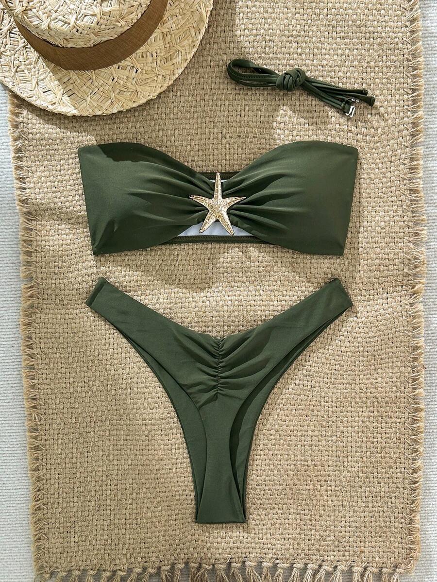 Swim Vcay Bộ bikini gợi cảm màu trơn họa tiết sao biển dây mảnh dành cho nữ, mùa hè - xanh quân đội - Xem 1