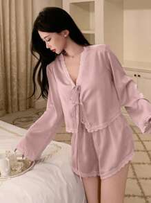 DAZY 浪漫蕾丝拼布缎面系带上衣和超短睡裤套装，女士秋季服装 - 淺粉色 - 查看 3