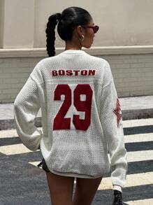 SHEIN Leap Crew Teen Girls Semi-Sheer White Long Sleeve Acrylic V-Neck Pullover With Patched Letter Design Teen Girl Sweater Varsity Sweaters Cute Sweater Teen Y2k Fishnet Sweater,In Fall/Winter - White - View 2