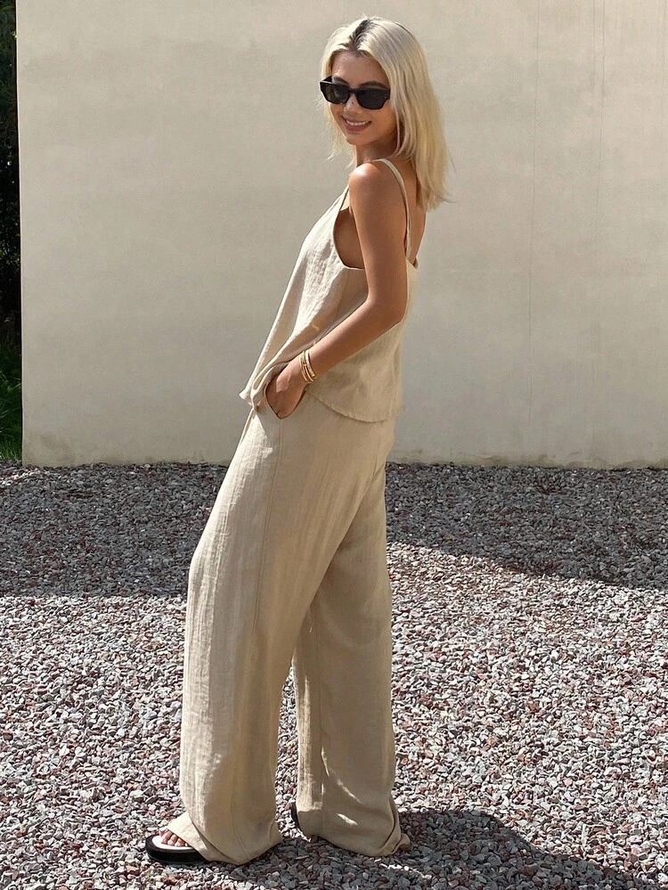 2pcs Women Solid Color Fitted Camisole & Wide Leg Pants Casual Suit, Autumn Vacation