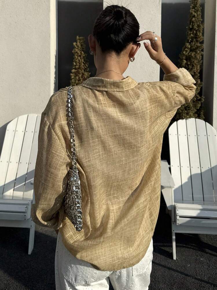 Women's Loose Fit Long Sleeve Linen Shirt With Letter Embroidery, Casual Collared Top For Autumn/Winter