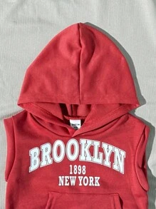 SHEIN Playful Pals 2pcs/Set Infant/Baby Boys Casual Outfit, Including 1pc White Hoodie Knit Letter Print Sleeveless Pocket Vest + 1pc Blue Elastic Waist Pocket Denim Shorts, Suitable For Casual, Sports, Daily Wear, Outings, Travel,Red Hooded Knitted Baby Boys Hoodie Co-Ord With Letter Print And Pocket Detail, Baby Boy Clothes Fall Winter - Red - View 3