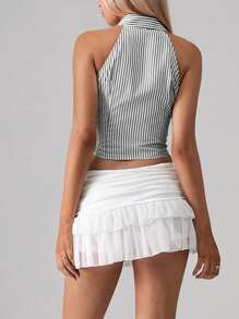 TRNVIE Crop Top Kancing Depan Bergaris Seksi untuk Wanita: Atasan Halter Musim Panas yang Imut untuk Wanita - Hitam dan Putih - View 2
