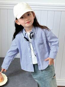 DAZY 年轻女孩竖条纹落肩长袖休闲宽松衬衫 - 藍色 - 查看 6