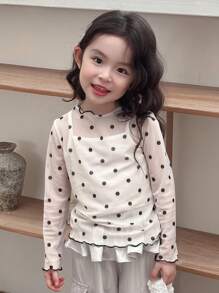 Dazy Kids 少女圆领长袖波点印花T恤 - 杏色 - 查看 8