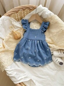 Babygirl Cute Vacation Blue Floral Pattern Cap Sleeve Romper