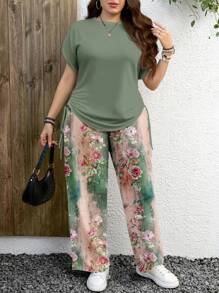 EMERY ROSE 2pcs/Set Plus Size Green Short Sleeve Top With Printed Pattern And Pants, Suitable For Summer Suitable For Going Out - Green - View 4