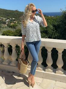 Chiquease 复古碎花衬衫，甜美设计，修身剪裁，法式短袖衬衫，适合夏季和春季休闲学院风穿着。 - 白色 - 查看 5