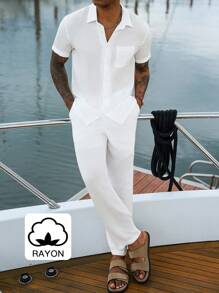 Manfinity Homme 男士人造丝纯色短袖单排扣口袋衬衫和裤子休闲套装，白色海滩全人造丝服装，邮轮服装，老钱 - 白色 - 查看 5