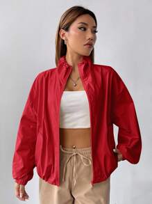 SHEIN EZwear 女士编织纯色简约休闲长袖夹克红色夹克外套 Y2k 秋冬拉链夹克 - 紅色 - 查看 5
