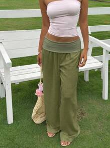 SHEIN EZwear Women's Casual Army Green Low-Rise Wide Leg Pants - Army Green - View 3