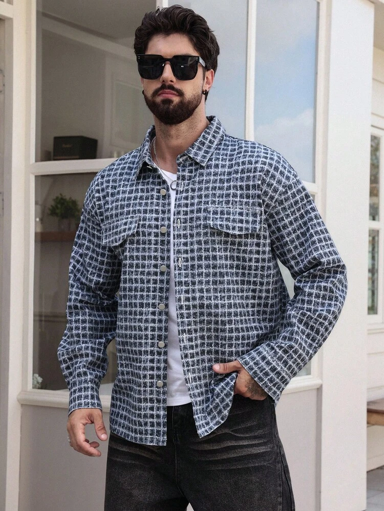 Men's Plaid Blue Denim Effect Shacket, Autumn Jacket