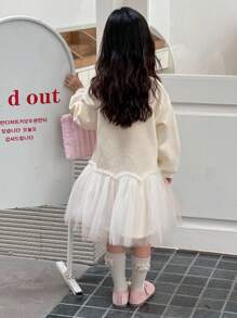 DAZY Young Girls Round Neck Knitted Fleece Printed Contrast Mesh Dress, Fall,Winter - Beige - View 5