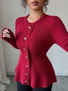 Elenzga Damen Neuer Herbst/Winter Rundhals Pullover mit Metallknopf Dekor, Rüschen-Saum, eleganter Slim Fit, vielseitig für Dates - Bordeaux - Übersicht 5