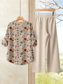 EMERY ROSE 2 件套女式花卉印花袖口衬衫配裤子，优雅款式，春秋季节，送给妈妈、老师、秋季的礼物