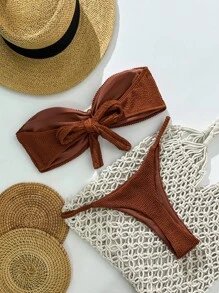 Swim Vcay Springbreak 女士沙滩装夏季套装，女士纯色提花面料露肩金属装饰性感比基尼套装 - 鏽棕色 - 查看 2