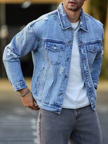 Manfinity Homme 男士休闲破洞修身蓝色牛仔夹克，街头风格 - 中等水洗藍 - 查看 7