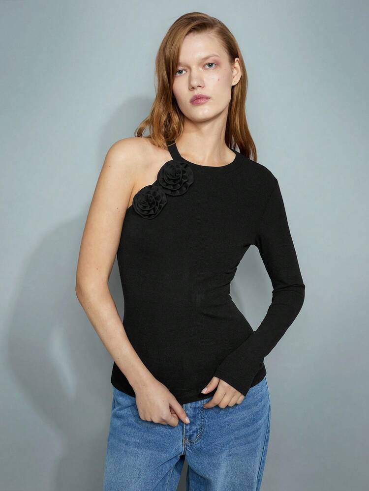 SHEIN Maija Women's Black 3D Floral Decor Elegant Slim Fit Knit Long Sleeve Tee , Fashionable & Sophisticated For Autumn/Winter, New Year Valentines Day Festival