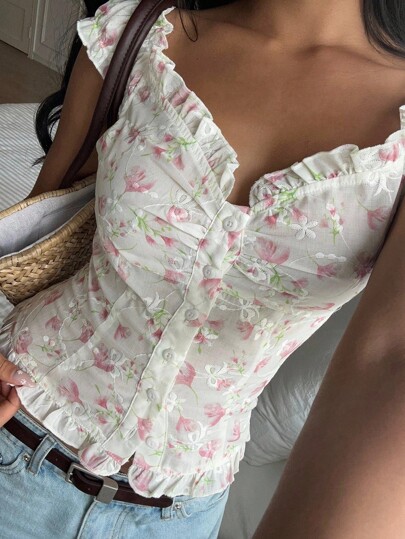 CovetEZ Blusa casual de mujer con volantes en el borde y estampado floral