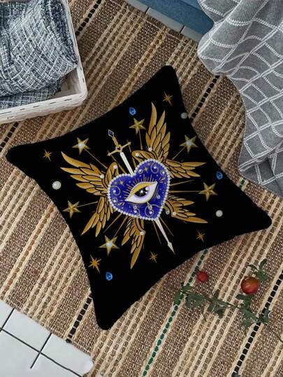 Grunge Punk 1pc Double-Sided Heart-Shaped With Wings Eye Pattern Decorative Throw Pillow Cover, Suitable For Living Room And Bedroom